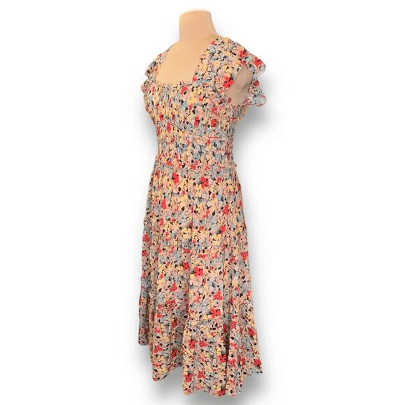 Sea New York Ensley Flutter Sleeve Silk Floral Midi Dress Yellow Ruffle Large - Picture 9 of 15